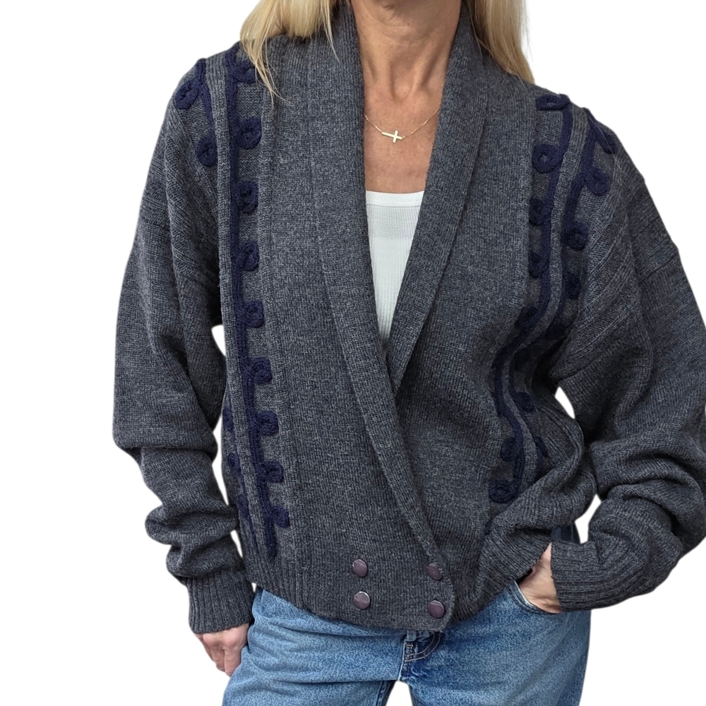 The Villager 1X Vintage 80s Wool Cardigan Shawl Collar Shoulder Pads Oversize